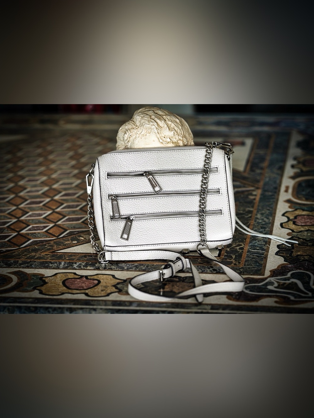 Rebecca Minkoff Mini 5-Zip White Pebbled Leather Crossbody Silver Hardware